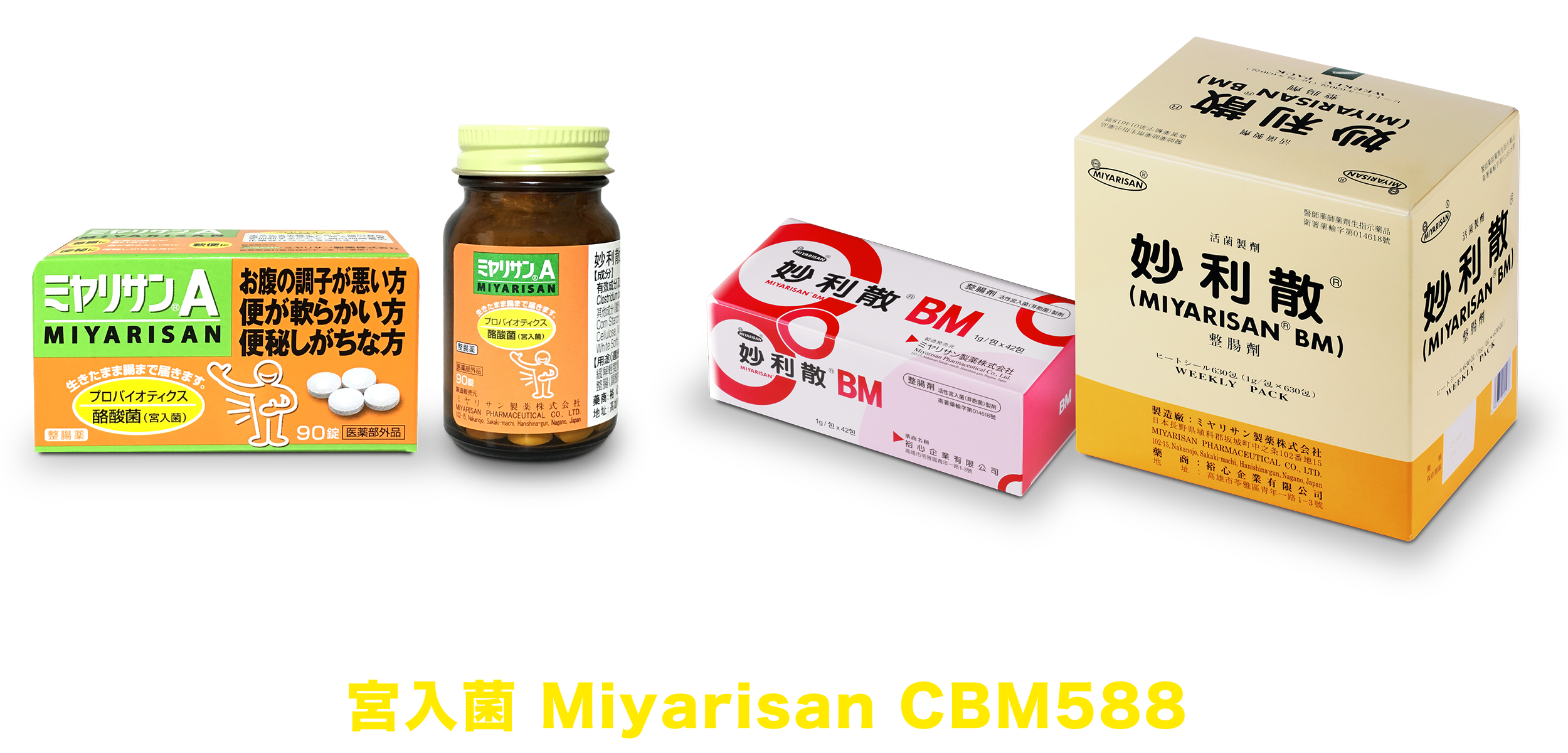 妙利散主要成分為 Miyarisan CBM588 ⼜稱為宮入菌，屬於酪酸菌的一種。